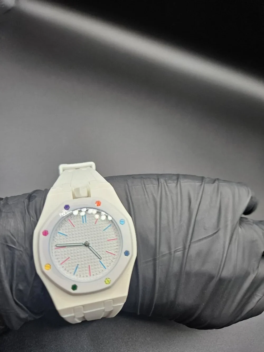White Silicone Automatic Watch Multicolor Bezel